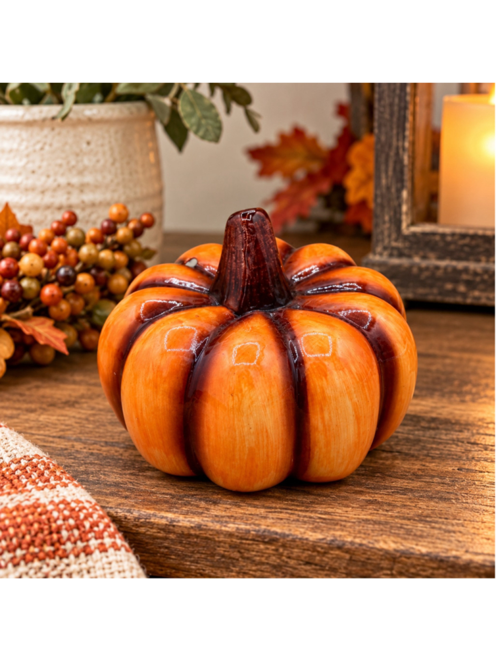 Orange Ceramic Pumpkin Figurine Fall Harvest Thanksgiving Decor 4.75"